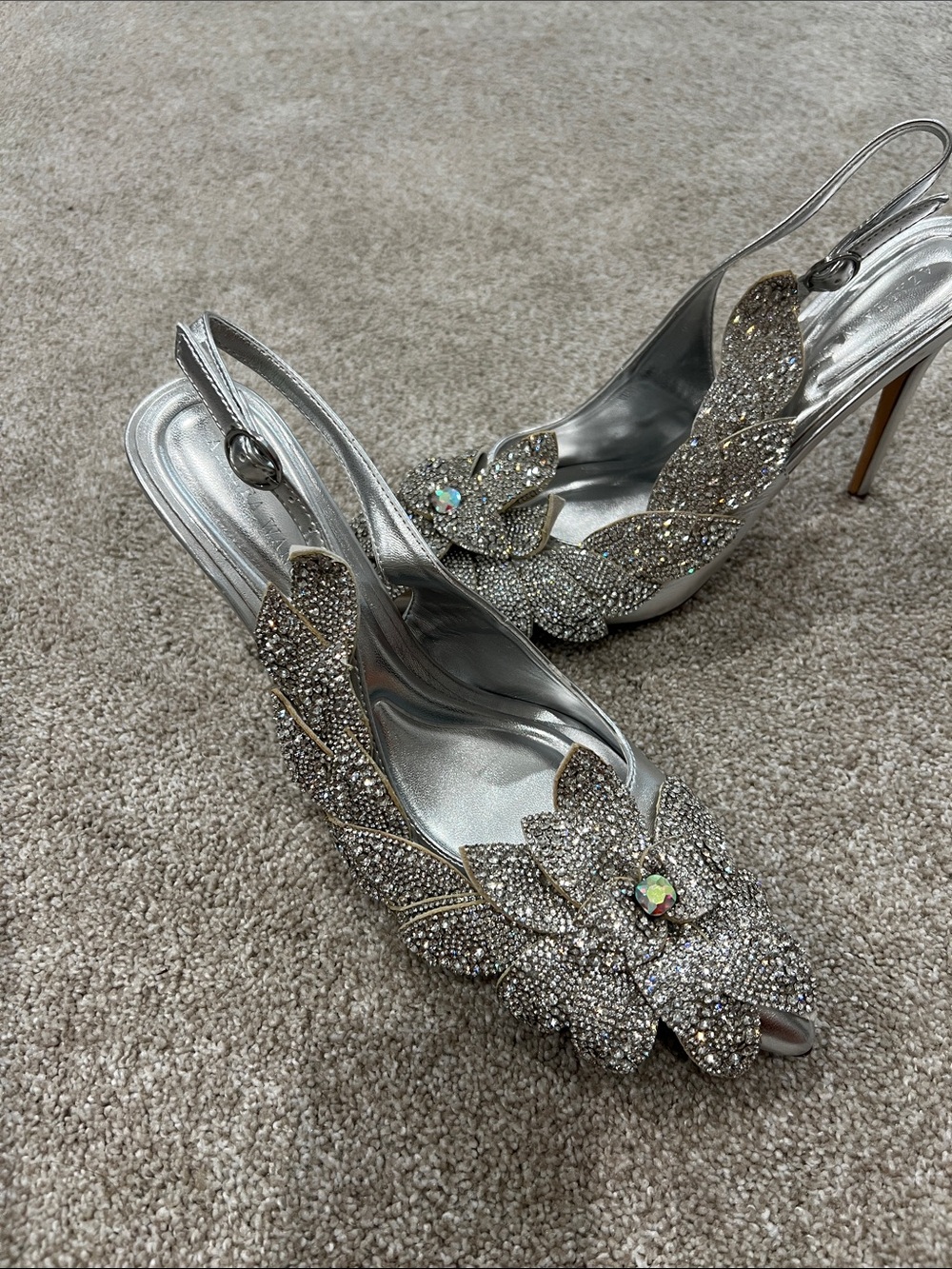 Silver Crystal Floral Slingback Heels for Women